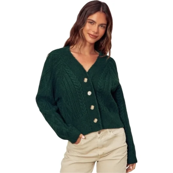 LOFT Green Cable Knit Cardigan - Picture 1 of 7